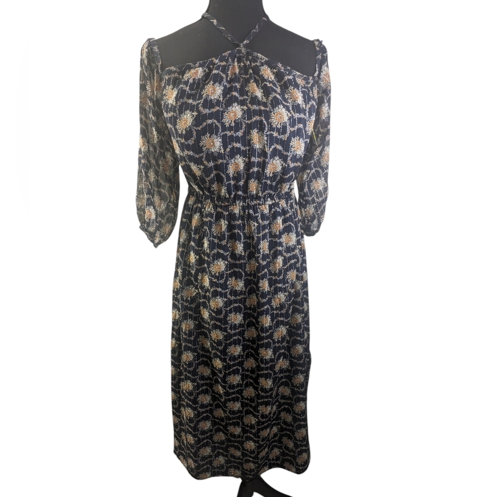 Club Monaco Navy Floral Off Shoulder Long Sleeve Dress Silk Midi Size 2
